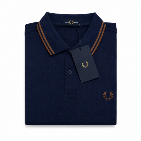 Polo Fred azul marino rayas doradas oscuras